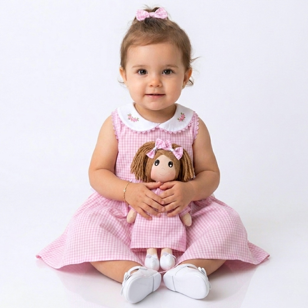 Vestido Infantil com Boneca Igual 100% Algodão Mundo Nina Presente Menina 2 Meses a 4 Anos