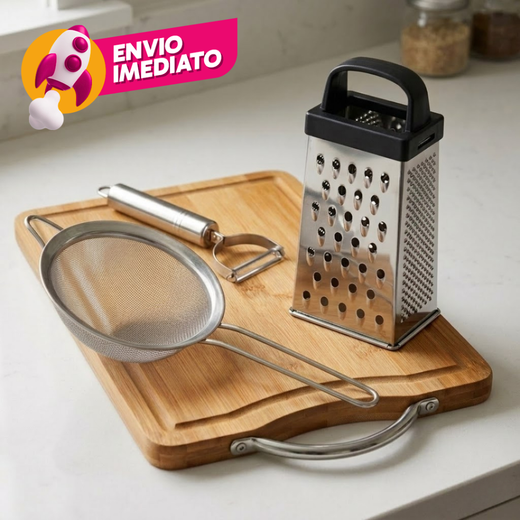 Kit Tábua Corte Madeira Descascador Legumes Ralador 4 Faces Peneira Utensilios Cozinha Gourmet