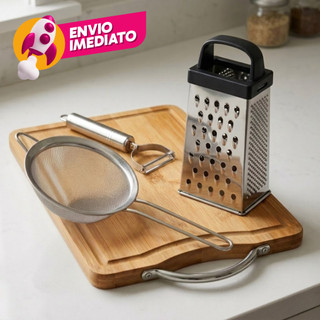 Kit Tábua Corte Madeira Descascador Legumes Ralador 4 Faces Peneira Utensilios Cozinha Gourmet
