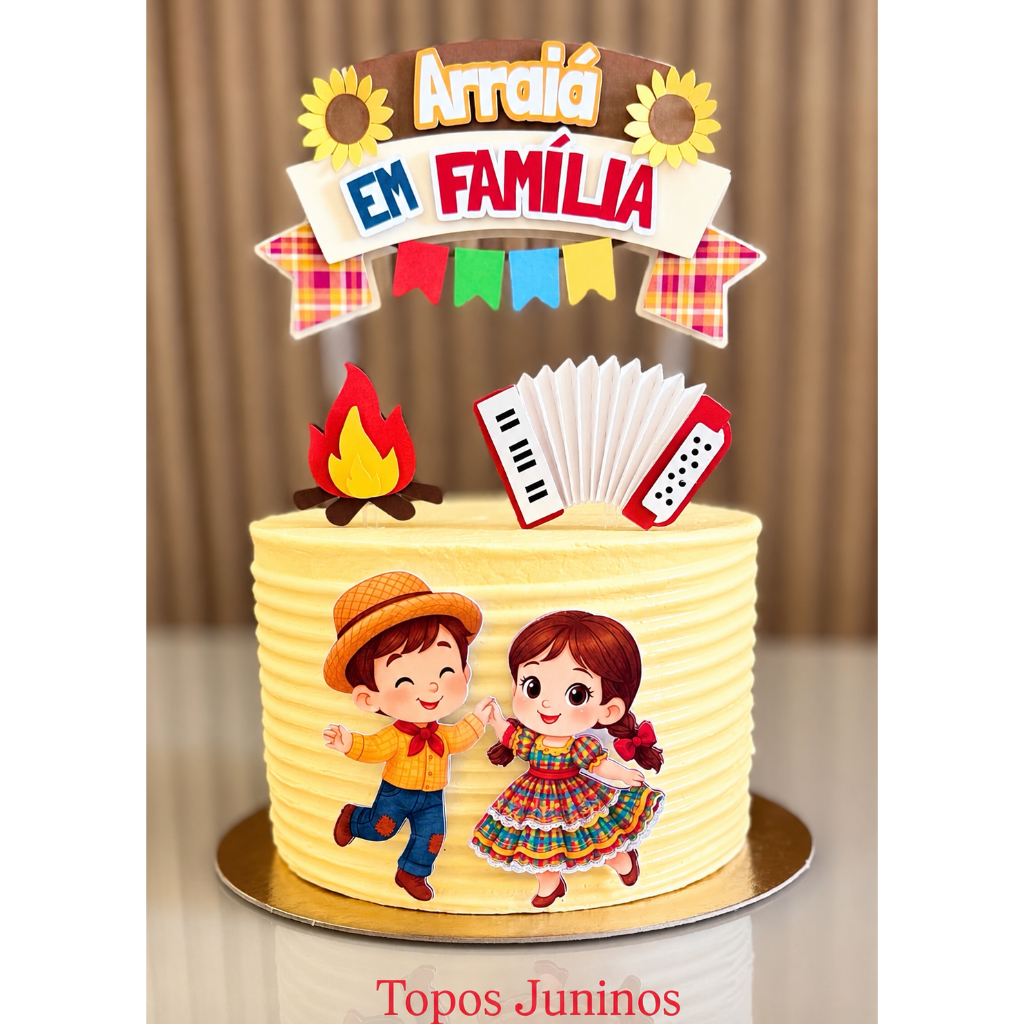 Topo de Bolo Arraiá em Família Personalizado para sua Festa Junina - Topper Junino - Decoração de Bolo Junino -Arraiá