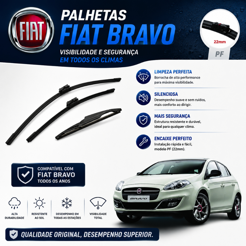 Kit 3 Palhetas Limpador Fiat Bravo Parabrisa Par Dianteiro + Traseiro 2010 à 2017