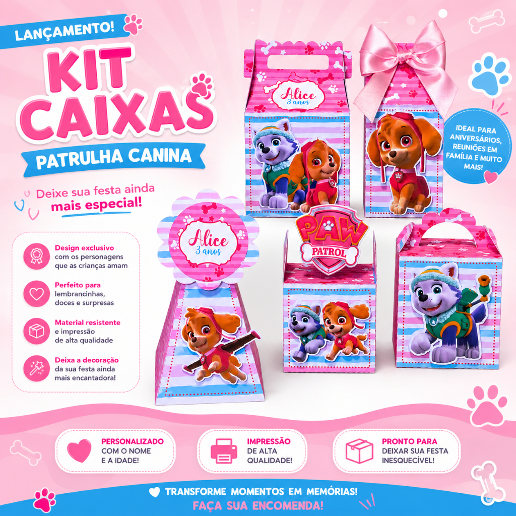 Kit Caixinhas Personalizadas Patrulha Canina Rosa/lembrancinha de Festa Patrulha Canina/Aniversário Patrulha Canina
