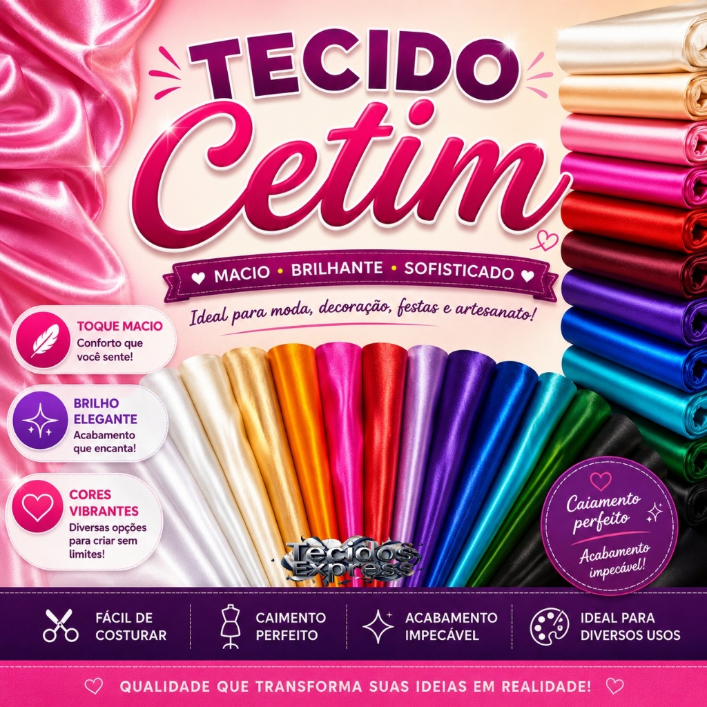 Tecido Cetim Premium Liso Brilhante Vendido Metro Diversas Cores Decoração Vestidos Festa Artesanato
