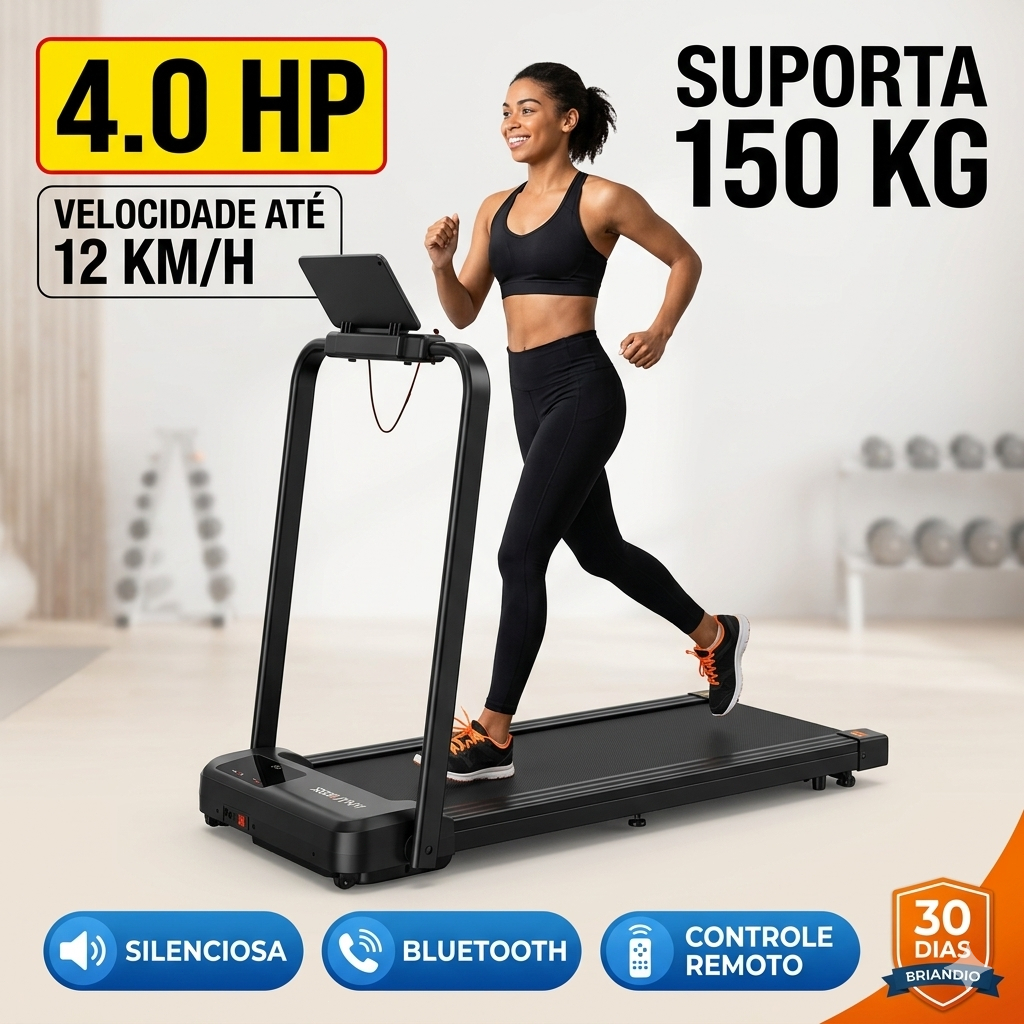 Esteira Elétrica Residencial Dobrável 4.0HP Silenciosa 12km/h Suporta 150kg Com Bluetooth E Controle