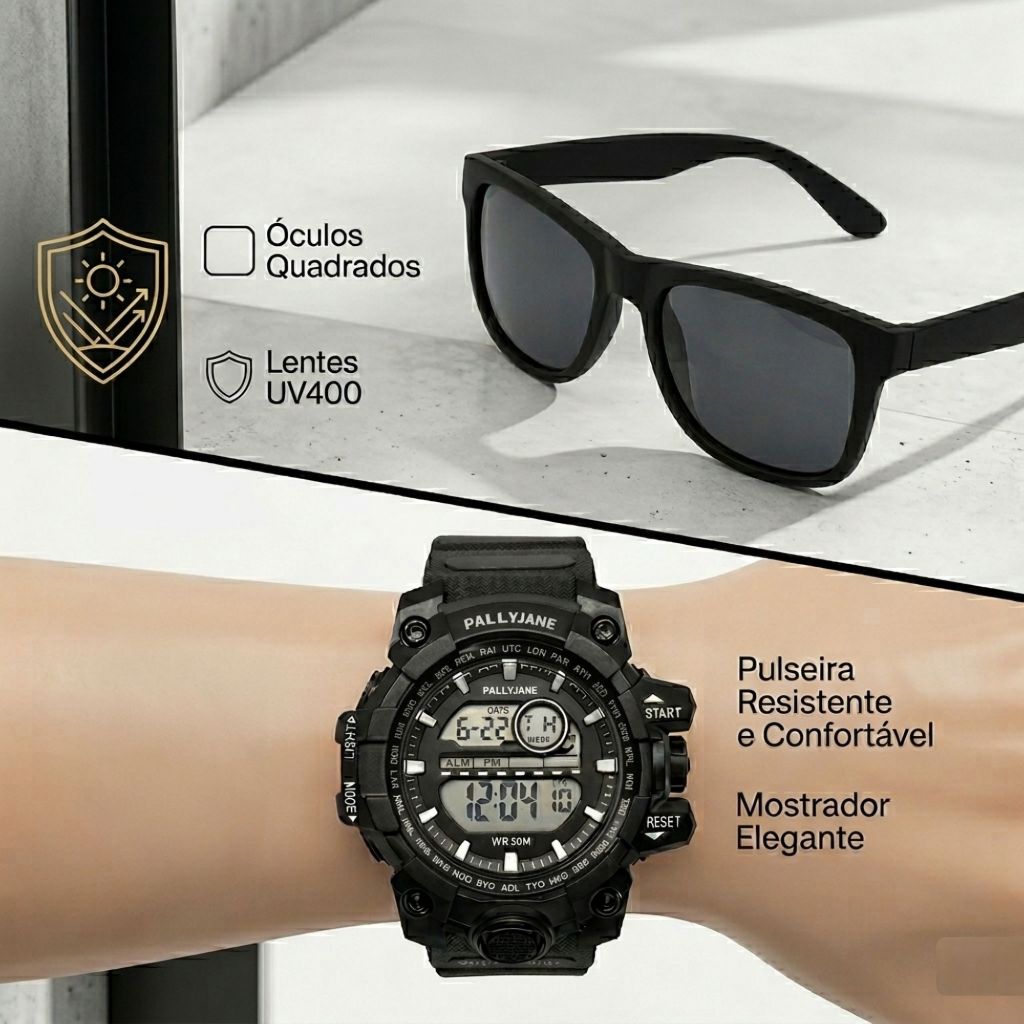 Relógio Masculino Pallyjane + Óculos de Sol Quadrado Conjunto Masculino