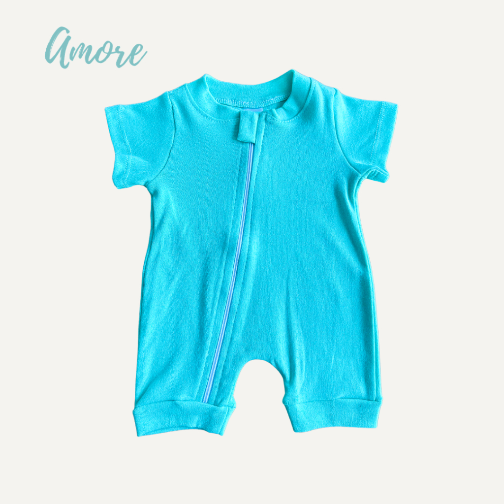 Macacão Curto Bebê Verão Amore Verde Água Calor 100% Algodão