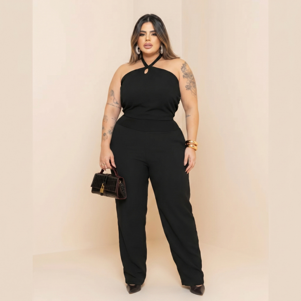 Macacão Plus Size Feminino Longo Soltinho com Laço Macaquinho Blogueira Moda Outono