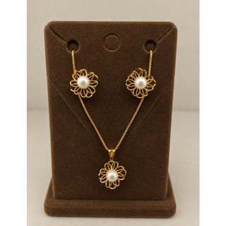 CONJUNTO FLOR PÉROLA FEMININO DOURADO COLAR E BRINCO CASUAL