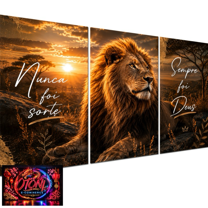Quadro Decorativo Grande Leão De Judá Religioso Nunca Foi Sorte Sempre Foi Deus Floresta 3 Peças 122x60