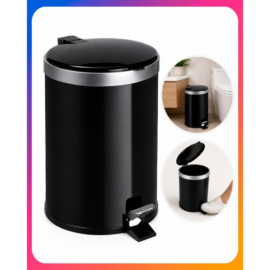 Lixeira Pedal Cesto De Lixo Tampa 12 Litros Preta Cozinha Banheiro Viel