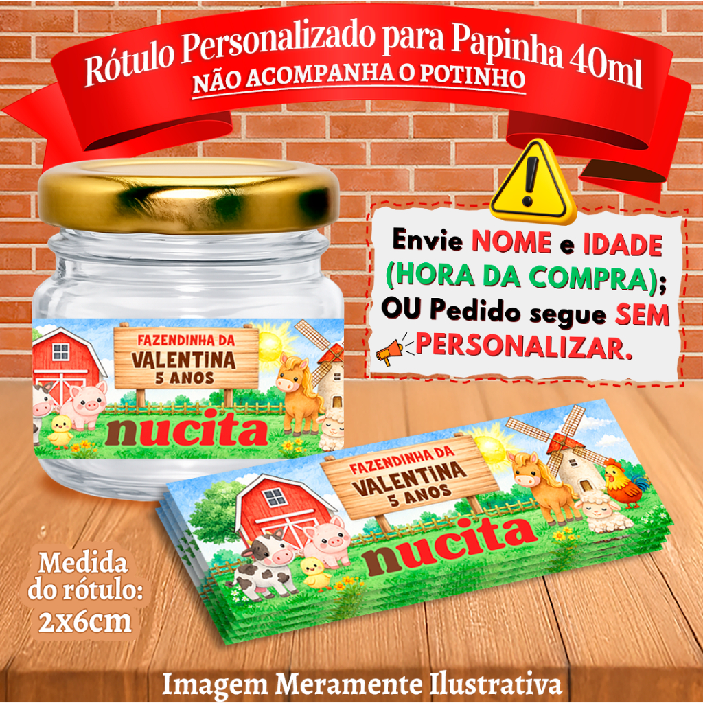 Rótulos adesivos Animais da Fazendinha Nucita Personalizados para papinha 40ml 40g
