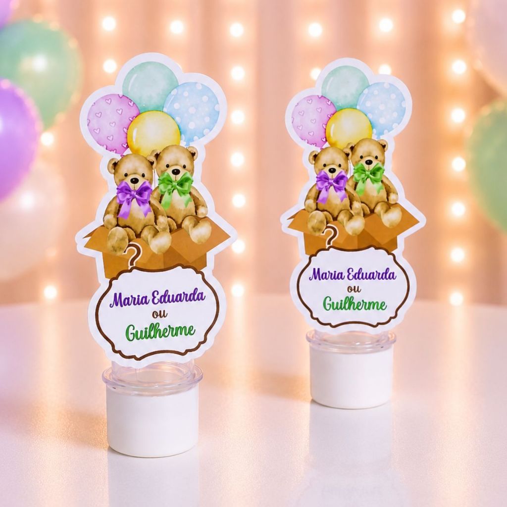 Apliques para Tubetes Chá Revelação Ursinho Verde e Lilás - festa infantil - lembrancinhas personalizadas - tags tubetes