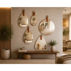 Espelho Decorativo com Alça de Couro Lapidado Redondo Gota Cápsula Para Sala Quarto Banheiro