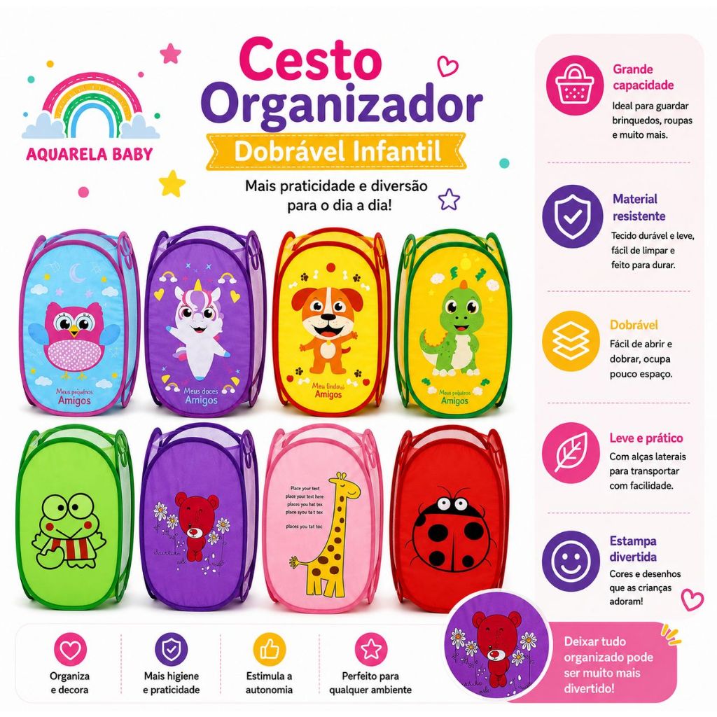 Cesto Organizador Infantil Roupas e Brinquedos Para Menino e Menina