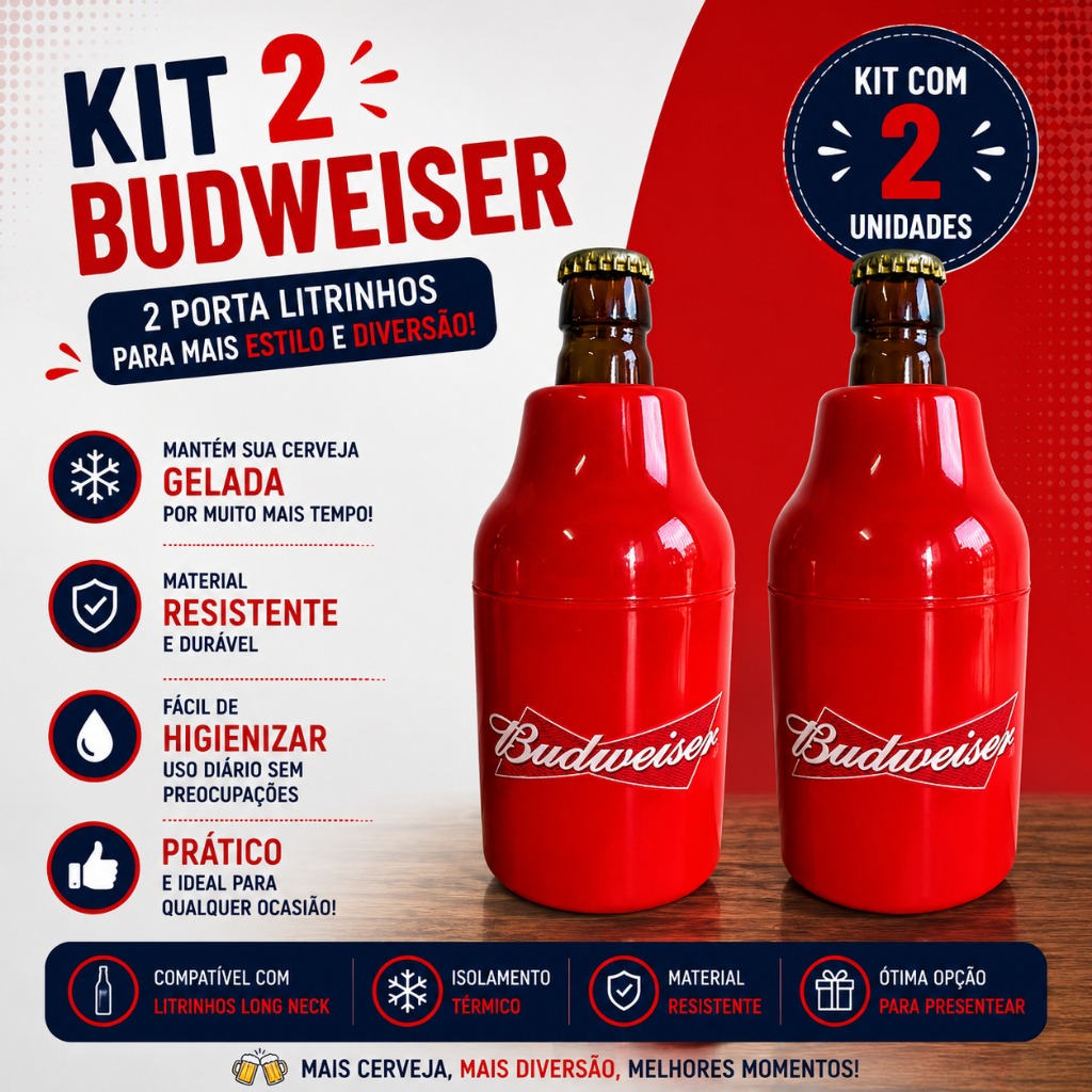2 Suporte Porta Lata 350ml Litrinho Long Neck Cerveja Termico Budweiser