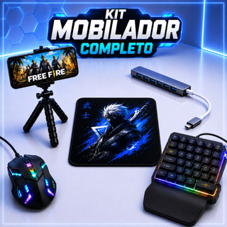 Kit Mobilador Completo Gamer Teclado Mouse RGB Hub Usb Tipo C Free Fire Android OTG Tripé…
