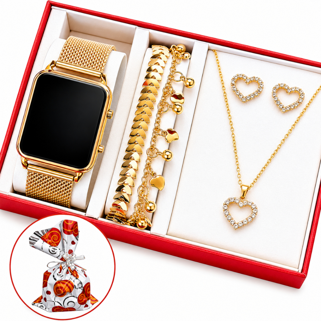 Relógio Feminino Digital de Led + Colar Brincos Folheado Ouro + Pulseira Feminina com Caixa - Presente dia dos namorados