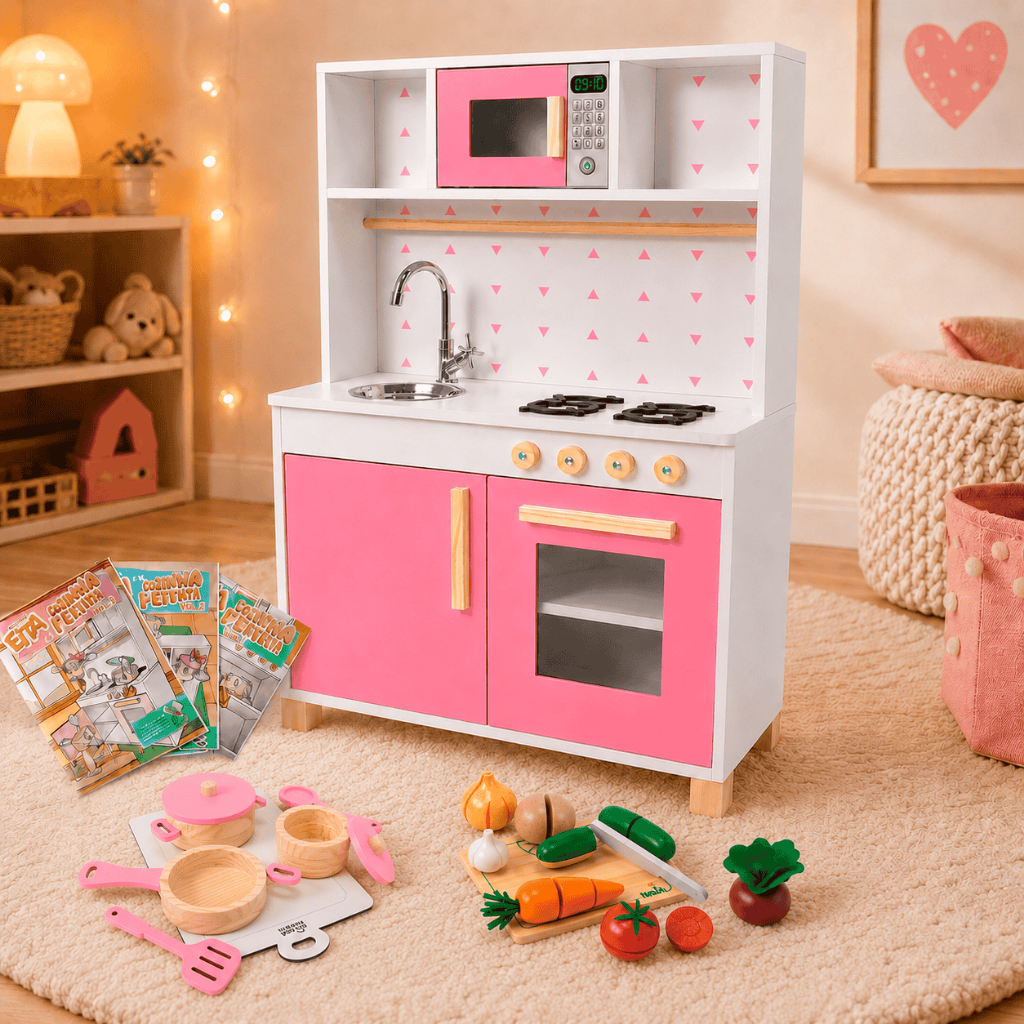 Cozinha Infantil Panelinhas 7 Legumes Brinquedo Madeira Rosa Bebê Faz de Conta Comidinhas Kit Livro