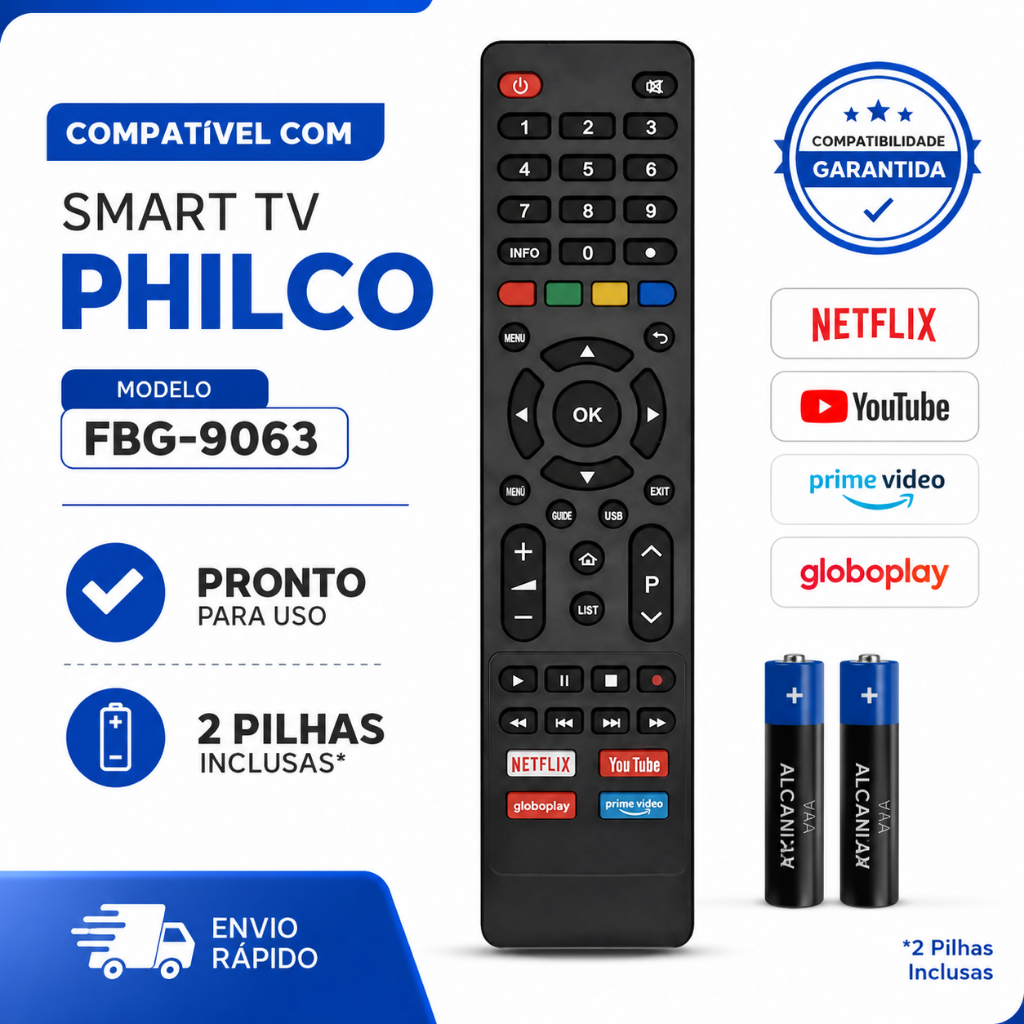 Controle Remoto Smart TV Philco Compatível FBG-9063 Netflix YouTube Prime Globoplay