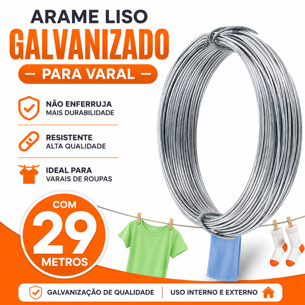 Arame liso galvanizado para varal com 29 metros Não Enferruja