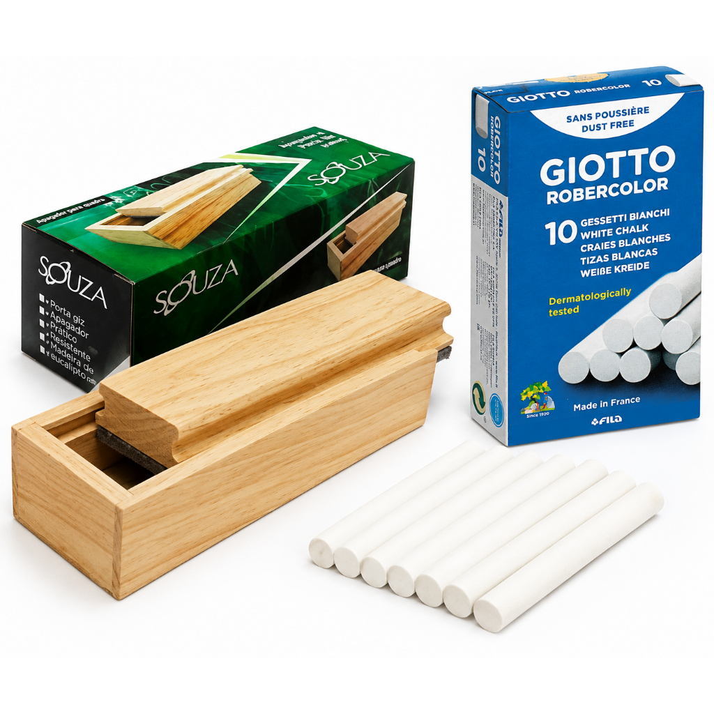 Kit Apagador De Lousa Com Porta Giz De Quadro Verde Kit 10 Giz