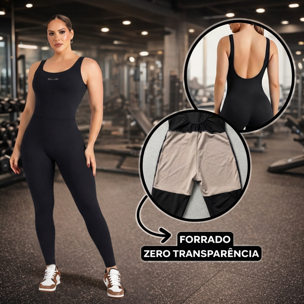 Macacão Fitness Forrado Feminino Longo Roupa de Academia com Costas Abertas Zero Transparência