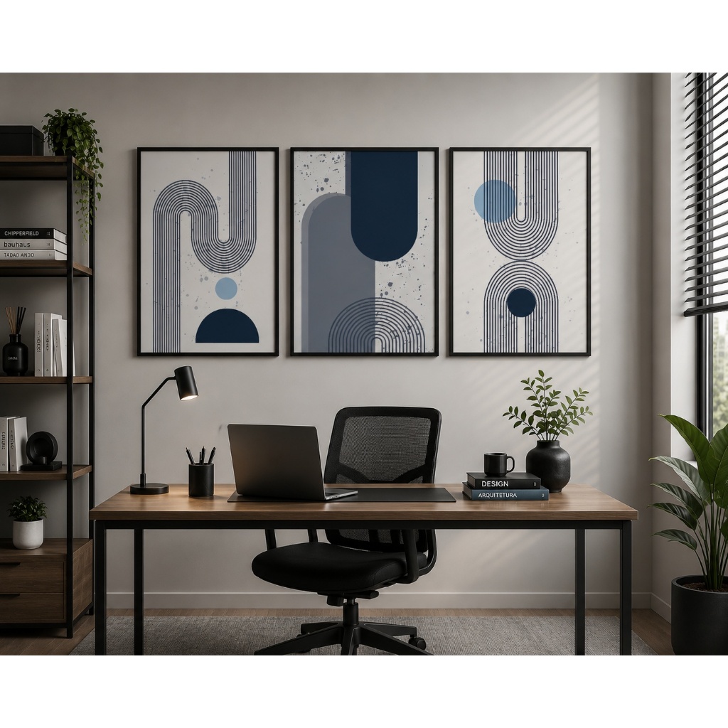 Quadro Decorativo Geométrico Abstrato Moderno 3 Telas Com Moldura Sala Quarto