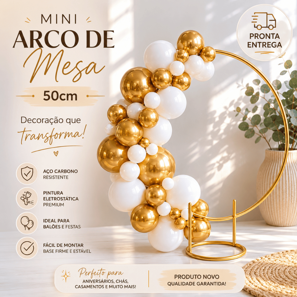Mini Painél Arco Redondo 50x50 Dourado Decorativo Mesa Festas Aniversários Decoração Luxo e Elegante