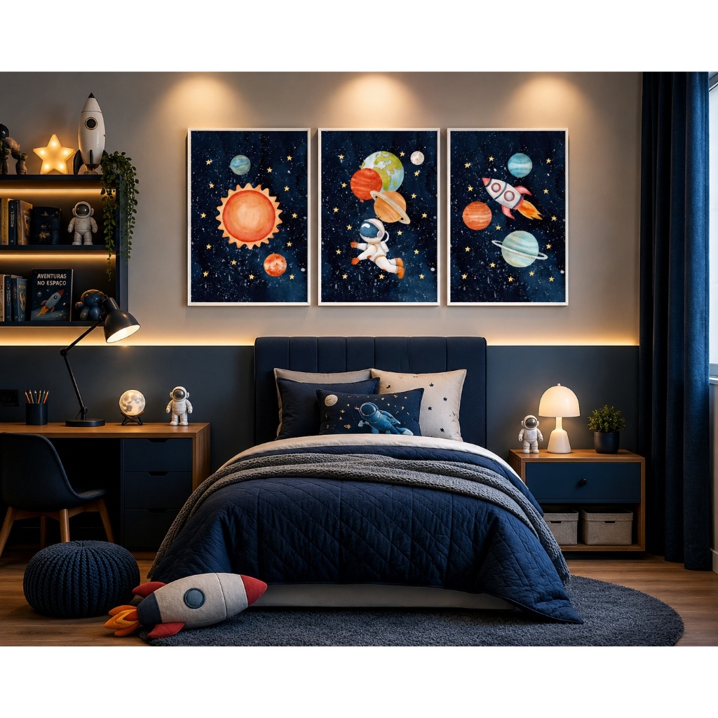 Quadro Infantil  Exploradores do Infinito: A Jornada do Astronauta Moldura 50x75 Com ou Sem Vidro