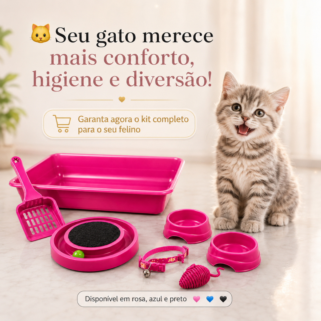 Kit Caixa de Areia para Gatos Completo 8L com Pá Arranhador Comedouro Bebedouro Coleira Ratinho Brinquedo Anti Stress