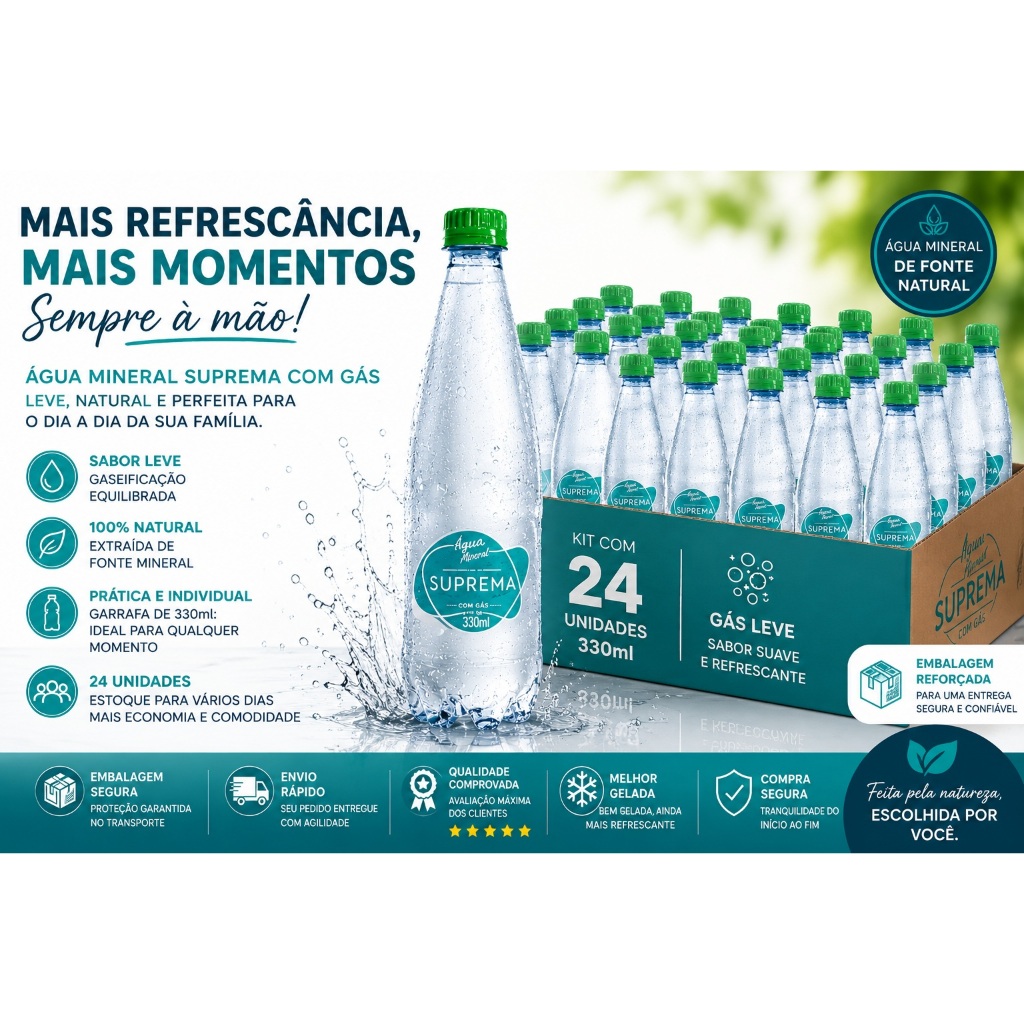 Agua Mineral Pura Com Gás Suprema 330ml Kit 24Un