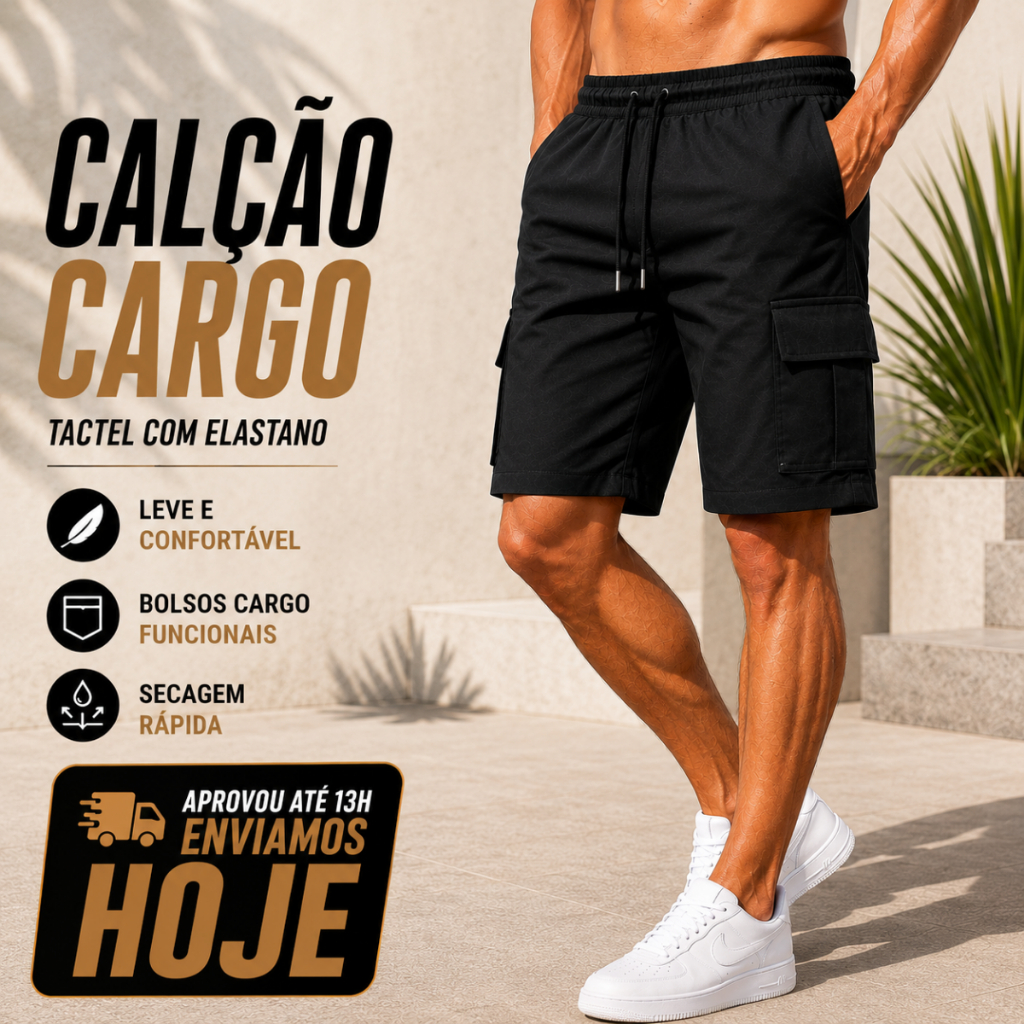 Bermuda Cargo Masculina Premium Tactel com Elastano Leve Confortável Bolsos Cargo Funcionais