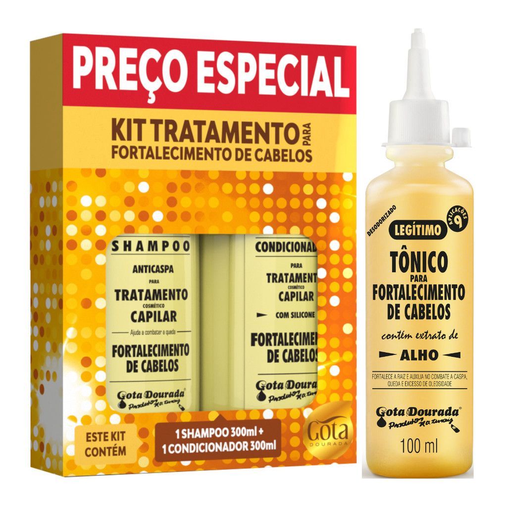Kit tratamento (Shampoo, condicionador e tônico) para Fortalecimento de Cabelos Gota Dourada Alho