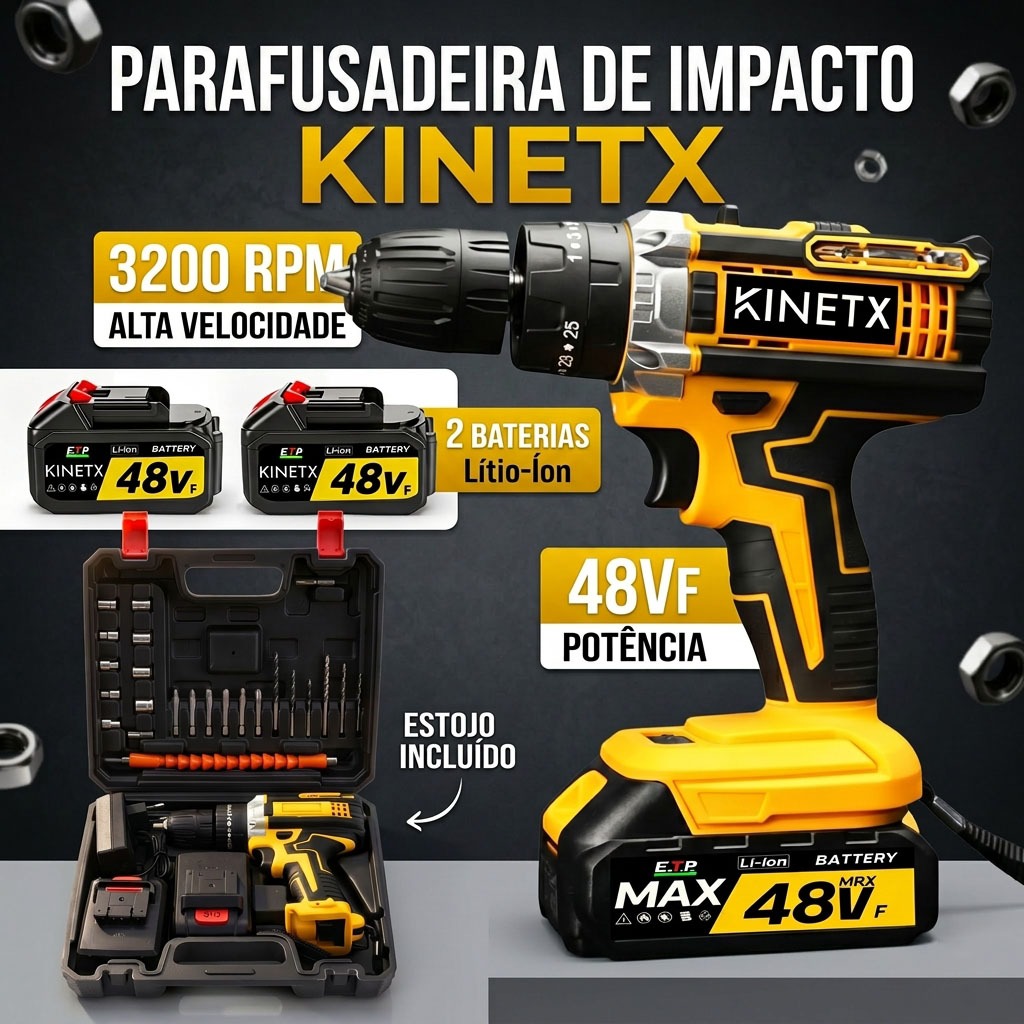 Kit Furadeira de Parafusadeira 48VF 2 Baterias 28pcs Iluminação LED Maleta Brushless Sem Fio diy KINETX