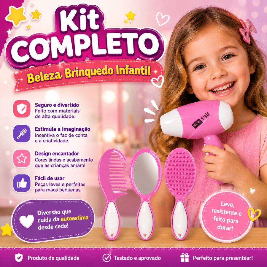 Kit COMPLETO Beleza Brinquedo Infantil Acessórios de criança/ SECADOR / CHAPINHA/ PENTE