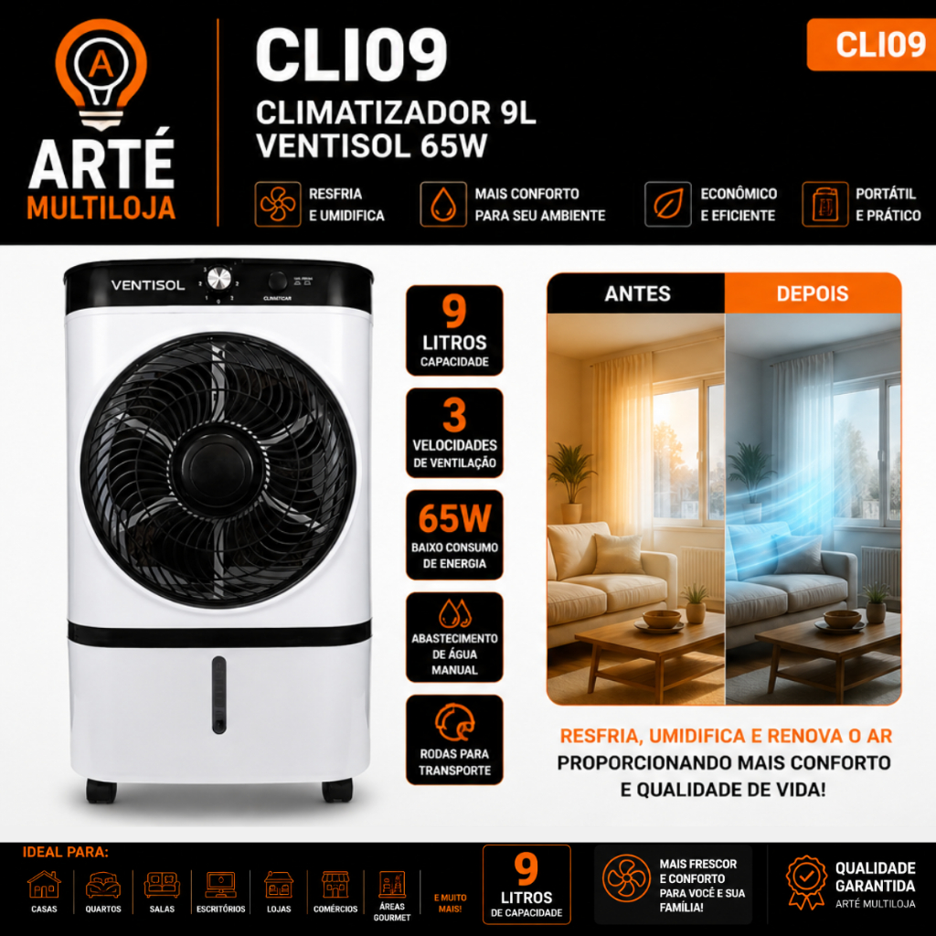 Climatizador de Ar Ventisol CLI09 9 Litros 65W 127v Umidificador Ventilador Portátil 3 Velocidades Econômico c Rodinhas