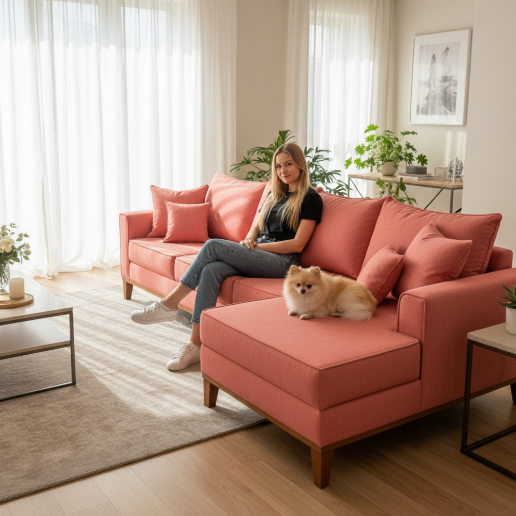 Sofá 3 Lugares Beny com Chaise Direito Suede Rosa