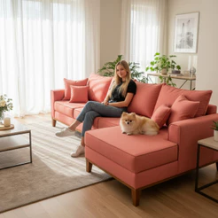 Sofá 3 Lugares Beny com Chaise Direito Suede Rosa