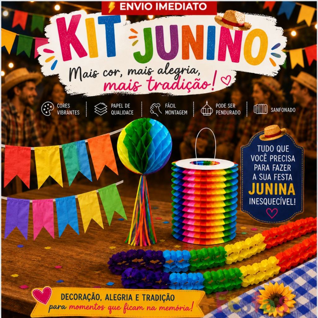 Kit 5/10 Enfeite Junino de Papel Decoração Festa Junina São João Arraial Evento Escola Arraiá
