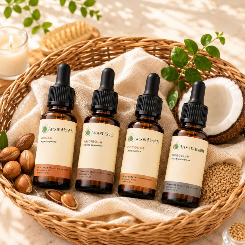 Kit de óleos vegetais puro natural – Argan, Andiroba, Gergelim e Coconut – 20 ml cada