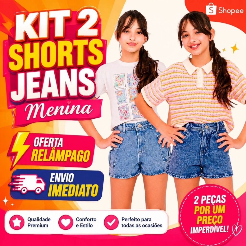 Kit 2 Short Jeans Menina Infanto Juvenil 100% Algodão  Moda Infantil Feminina De 8 a 16 Anos