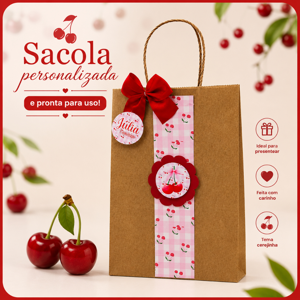 Sacolinha Kraft Personalizada Cerejinha-Ideal para lembrancinhas de festa infantil-pronta para uso