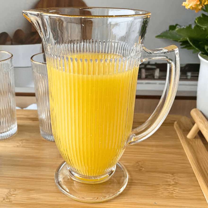 Imagem Jarra Para Servir Água Suco De Vidro Borda Dourada Lila 1 Litro Hauskraft