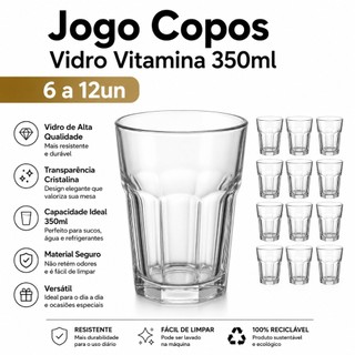 Jogo Copos Vidro 350ml Kit 6 ou 12 Ideal Para Suco, Água, Drinks, Vitaminas Vidro Resiste…