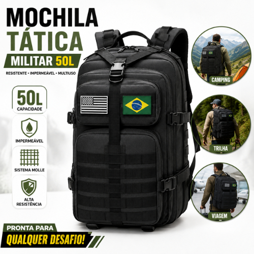 Mochila Tática Militar 50L Reforçada Impermeável Grande p/ Camping Trilha Viagem Masculina Notebook Exercito Resistente