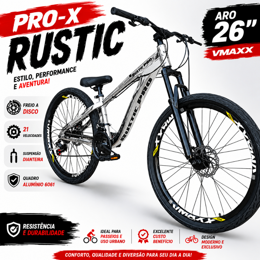 Bicicleta Aro 26 Pro-X Rustic 21v Freio A Disco Alumínio 6061 Vzan Vmaxx Cromado