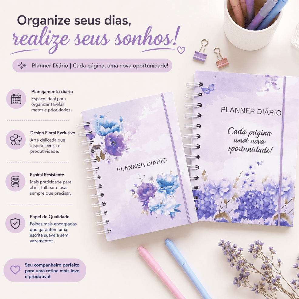Planner Diário Capa Dura 80 Folhas Agenda Permanente Organização Planner Diário Calendário Flores