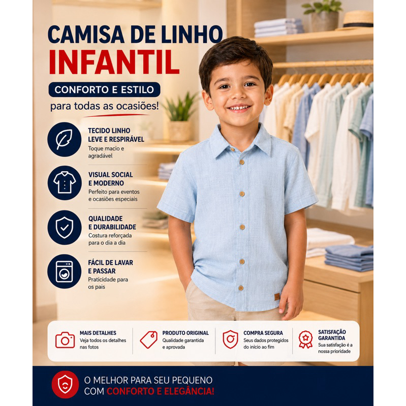 Camisa Linho Infantil Menino Tamanho 4 ao 8 Azul Claro