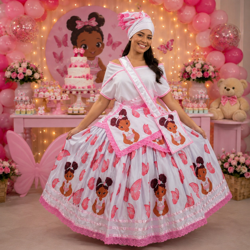 SAIA ERÊ YANSÃ - BORBOELA ROSA - ROUPA DE ERÊ OYA - COM BOLSINHA DE DOCES - UMBANDA