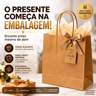 SACOLA PARA PRESENTE KRAFT COM ALÇA Ideal para Lembrancinhas, Datas Especiais e Eventos